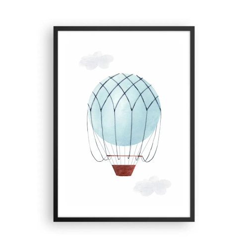 Poster in een zwarte lijst - Een aquarel luchtballon die tussen de wolken zweeft - 50x70cm - Hekemaal in de wolken - Moderne wanddecoratie voor woonkamer en slaapkamer ARTTOR