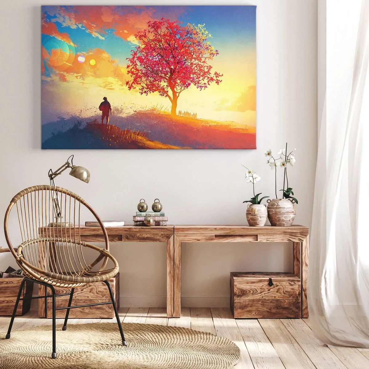 Schilderen op canvas - Een figuur op een heuvel naast een kleurrijke boom in het licht van de ondergaande zon - 70x50cm - Pelgrim bij de bestemming - Moderne wanddecoratie voor woonkamer en slaapkamer ARTTOR