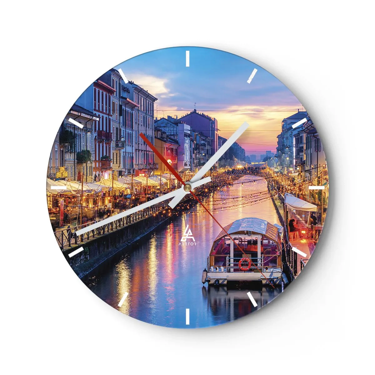 Wandklok - Klok - Uitzicht op een kanaal in Milaan bij schemering - 30x30cm - Een avond vol licht en plezier - Moderne wanddecoratie voor woonkamer, keuken en slaapkamer ARTTOR