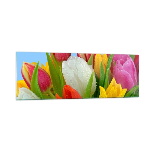 Schilderen op glas - Een bloemenregenboog in dauwdruppels - 90x30 cm