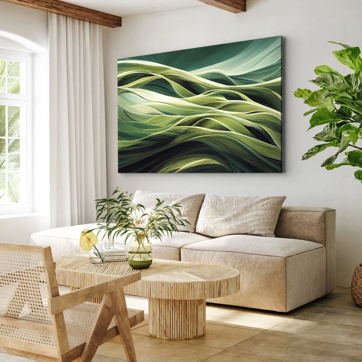 Schilderen op canvas - Dynamische lijnen in tinten groen - 70x50cm - Abstract groen spel - Moderne wanddecoratie voor woonkamer en slaapkamer ARTTOR