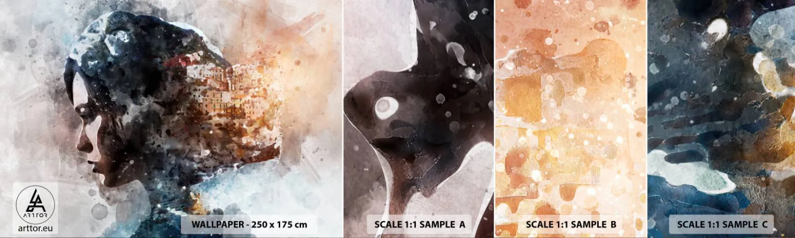 Fotobehang Staaltje Standard Eco - Een verhaal over een meisje met een stad op de achtergrond - Abstractie, Vrouw, Architectuur - 100x30 cm