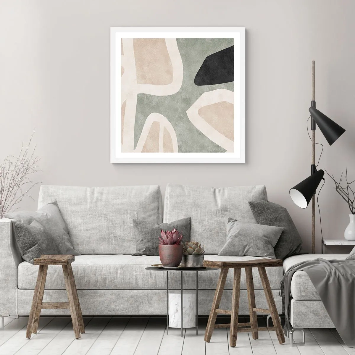 Poster in een witte lijst - Compositie met een zwart motief - 60x60 cm
