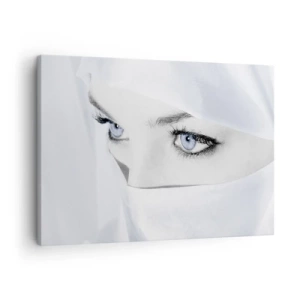 Schilderen op canvas - Portret van een vrouw met blauwe ogen verborgen achter een witte sluier - 70x50cm - Van duizend en één nacht - Moderne wanddecoratie voor woonkamer en slaapkamer ARTTOR