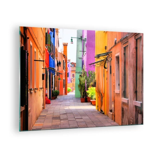 Schilderen op glas - Een kleurrijke straat met huurkazernes in warme tinten - 70x50cm - Regenboogsteeg - Moderne wanddecoratie voor woonkamer en slaapkamer ARTTOR