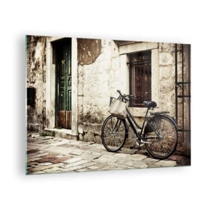 Schilderen op glas - Een zwart-witte fiets leunt tegen een oud huurhuis - 70x50cm - Terug naar het verleden - Moderne wanddecoratie voor woonkamer en slaapkamer ARTTOR
