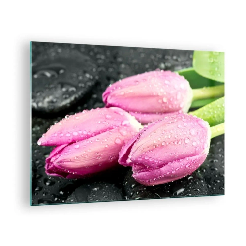 Schilderen op glas - Drie roze tulpen bedekt met waterdruppels op een zwarte achtergrond. - 70x50cm - Lila drie op een zwarte steen - Moderne wanddecoratie voor woonkamer en slaapkamer ARTTOR