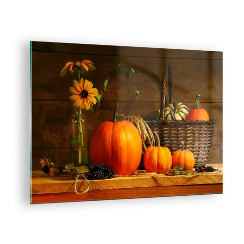 Schilderen op glas - Herfststilleven met pompoenen en bloemen - 70x50cm - Een rustieke compositie - geschenken van de herfst - Moderne wanddecoratie voor woonkamer en slaapkamer ARTTOR