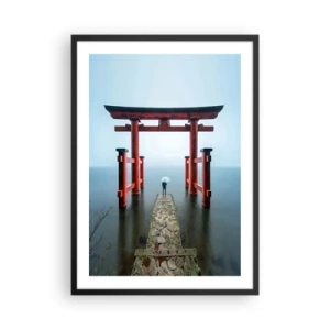 Poster in een zwarte lijst - Rode torii tegen de achtergrond van kalm water en lucht - 50x70cm - Japanse mijmering - Moderne wanddecoratie voor woonkamer en slaapkamer ARTTOR