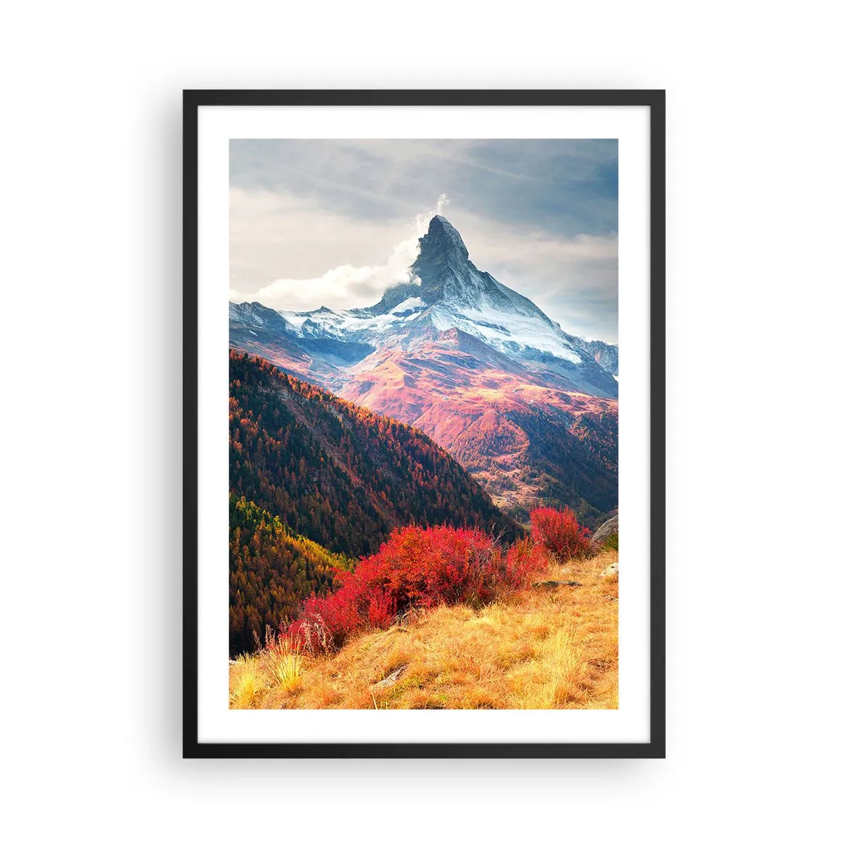 Poster in een zwarte lijst - Herfstberglandschap met een met sneeuw bedekte top - 50x70cm - Alpiene herfst - Moderne wanddecoratie voor woonkamer en slaapkamer ARTTOR