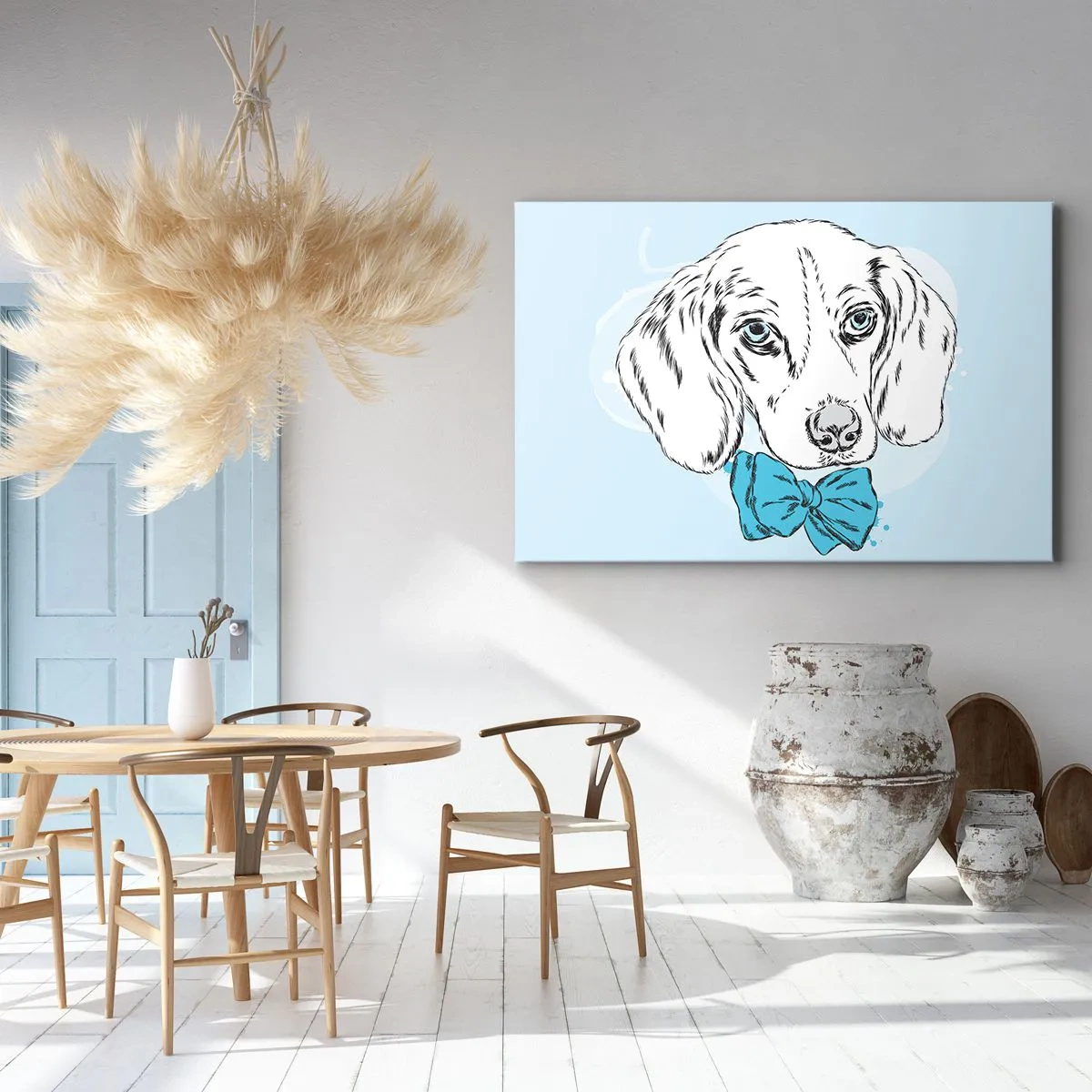Schilderen op canvas - Schattige afbeelding van een hond met een vlinderdas op een pastelkleurige achtergrond - 70x50cm - Hond elegantie - Moderne wanddecoratie voor woonkamer en slaapkamer ARTTOR