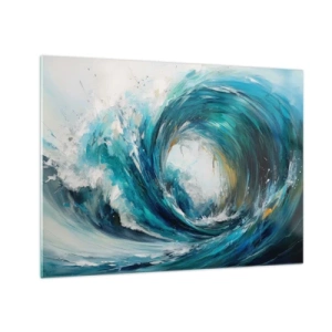 Schilderen op glas - Visualisatie van een krachtige zeegolf in de vorm van een draaikolk met intens blauw - 70x50cm - Zeeportaal - Moderne wanddecoratie voor woonkamer en slaapkamer ARTTOR