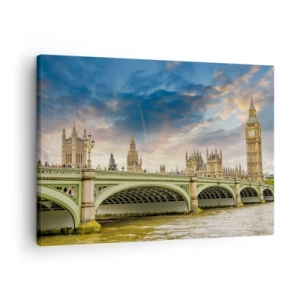 Schilderen op canvas - Big Ben en Westminster Bridge tegen de lucht in de schemering - 70x50cm - De tijd stond stil in het rijk - Moderne wanddecoratie voor woonkamer en slaapkamer ARTTOR