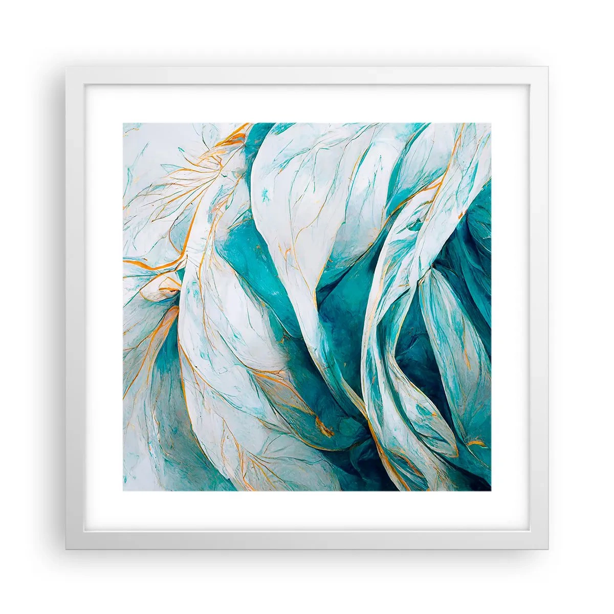 Poster in een witte lijst - Blauwe abstractie met een gouden motief - 40x40 cm