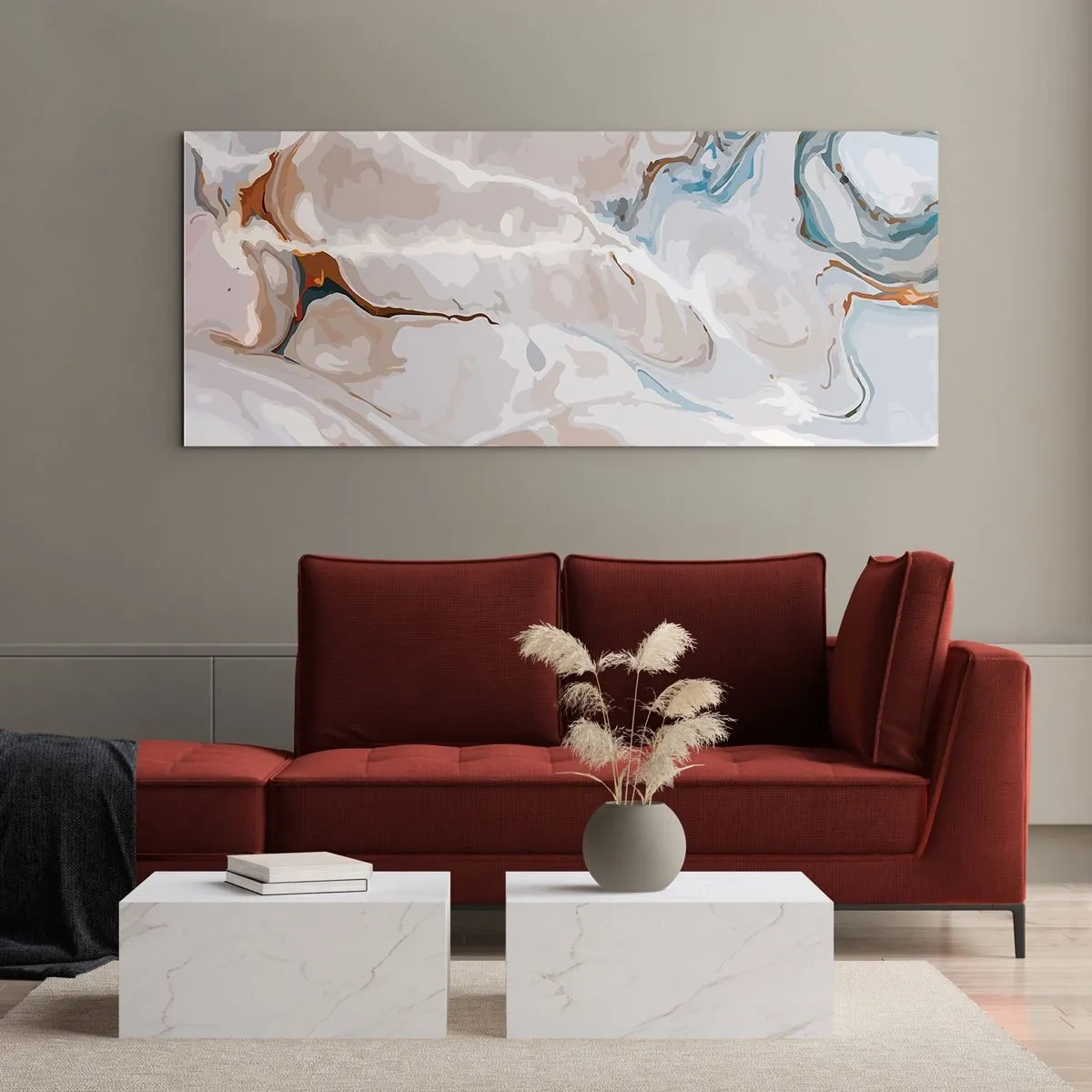Schilderen op glas - Blauw kronkelt onder het wit - 100x40 cm