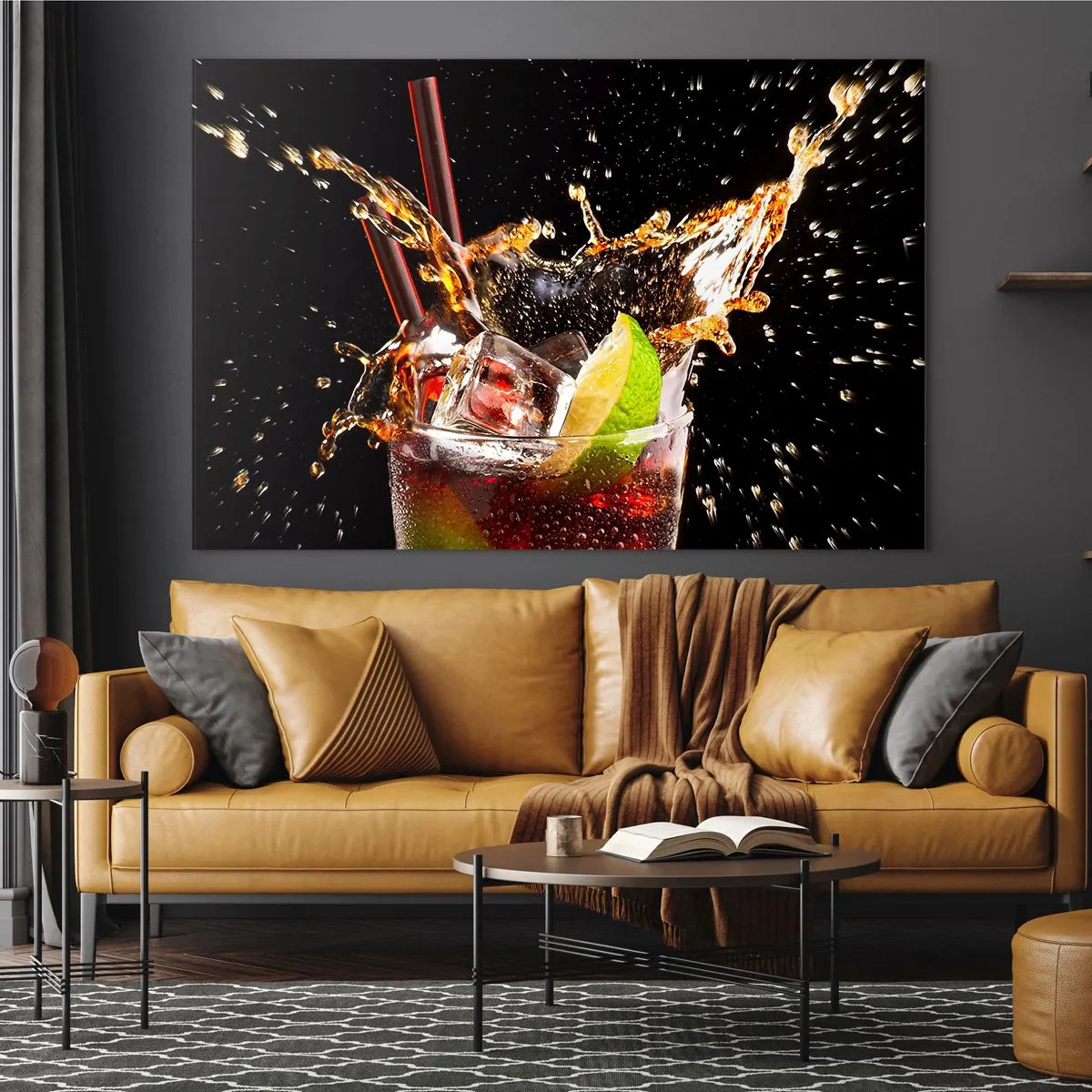 Schilderen op glas - Een glas drank met limoen en een scheutje op een zwarte achtergrond - 70x50cm - Vreugde en energie van kleuren - Moderne wanddecoratie voor woonkamer en slaapkamer ARTTOR