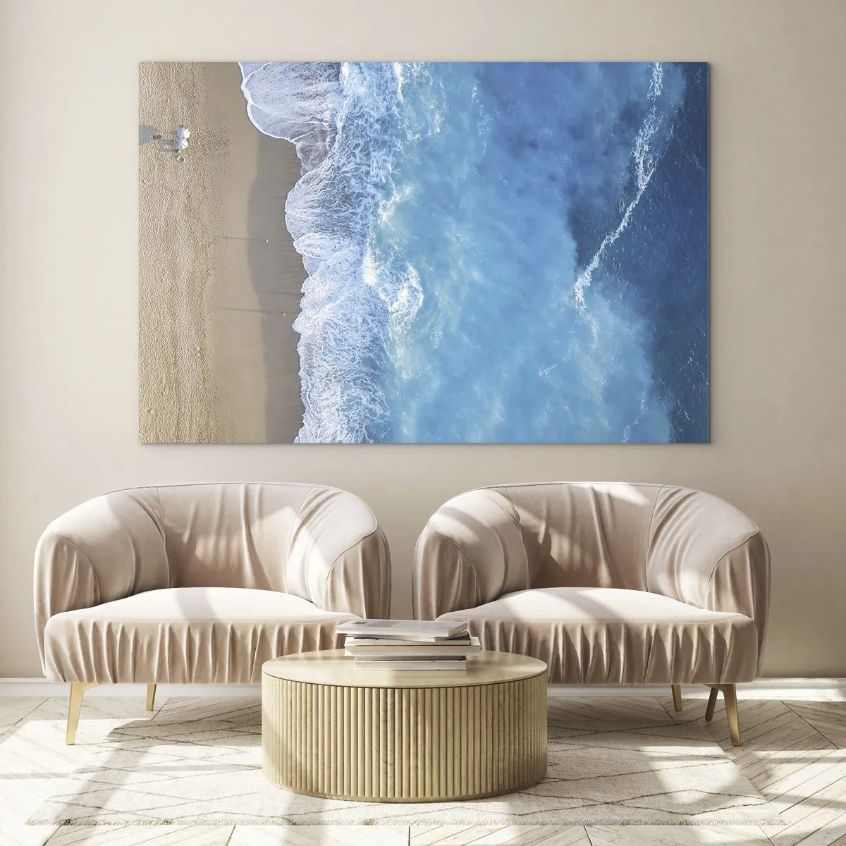 Schilderen op glas - Luchtfoto van het strand en de brekende golven - 70x50cm - De kracht van blauw - Moderne wanddecoratie voor woonkamer en slaapkamer ARTTOR