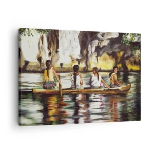 Schilderen op canvas - Vrouwen in een boot op een kalme rivier met een pittoreske achtergrond - 70x50cm - In een Polynesisch paradijs - Moderne wanddecoratie voor woonkamer en slaapkamer ARTTOR