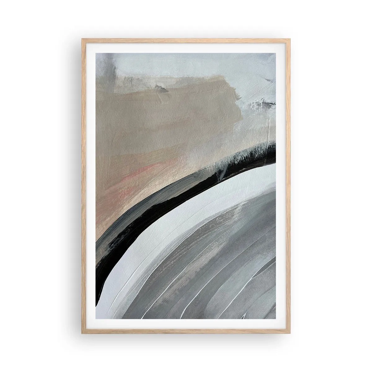 Een poster in een licht eiken lijst - Compositie: boog van zwart en grijs - 70x100 cm