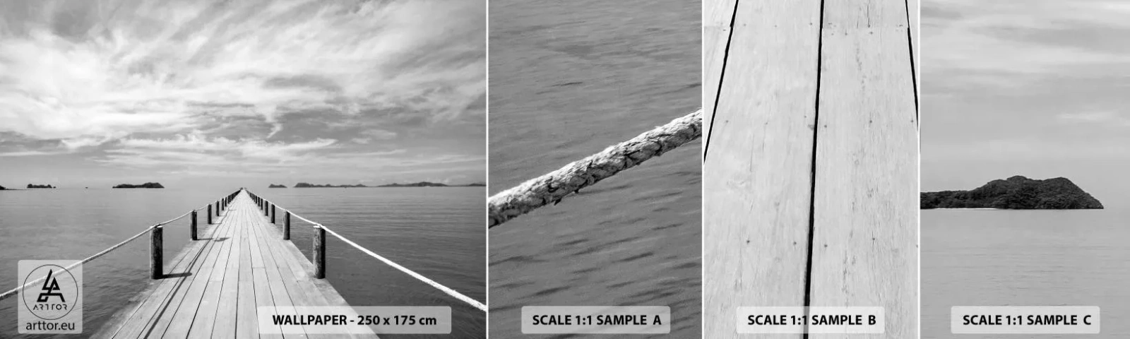 Fotobehang Staaltje Standard Eco - Of misschien een reis... - Landschap, Zee, Houten brug - 100x30 cm