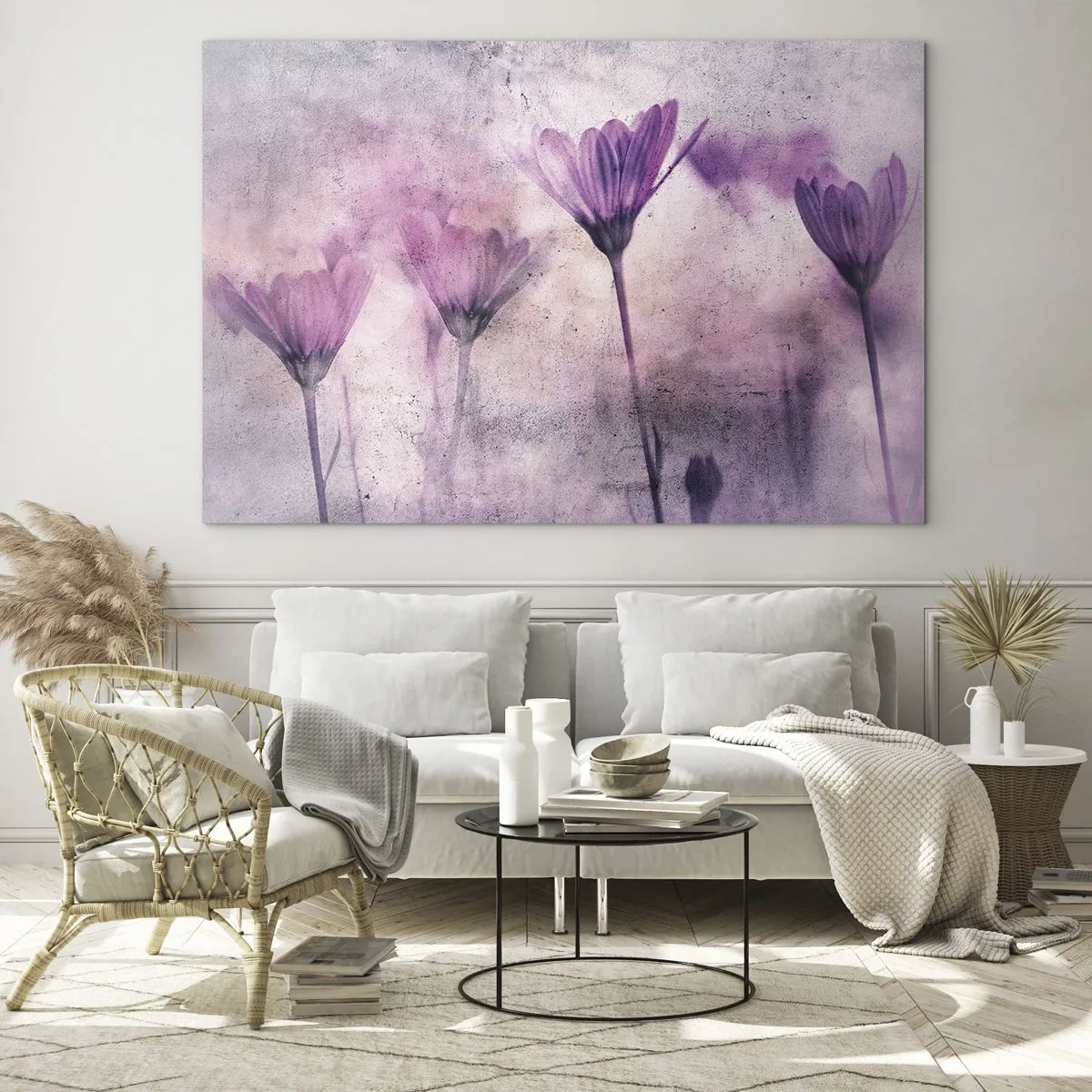 Schilderen op glas - Delicate bloemen in pasteltinten paars - 70x50cm - Een droom van bloemen - Moderne wanddecoratie voor woonkamer en slaapkamer ARTTOR