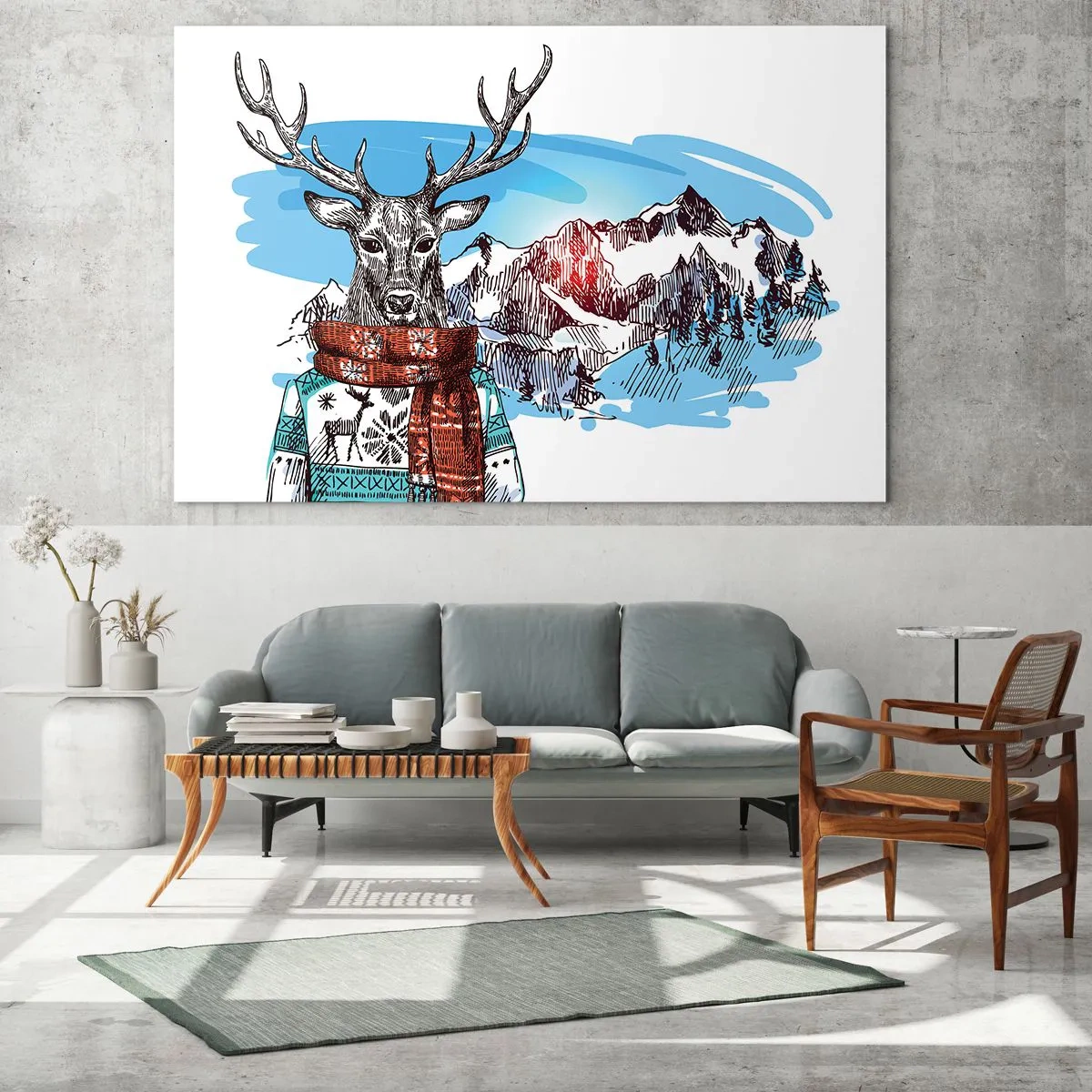 Schilderen op glas - Een hert in een trui en sjaal tegen een berglandschap - 70x50cm - Zelfs een hert bevriest niet - Moderne wanddecoratie voor woonkamer en slaapkamer ARTTOR