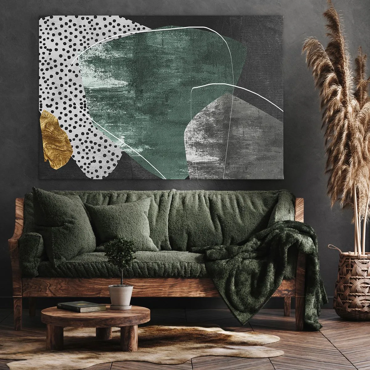 Schilderen op canvas - Abstracte compositie met groene vormen en stippenpatronen - 70x50cm - Kleurrijke abstractie met bladgoud - Moderne wanddecoratie voor woonkamer en slaapkamer ARTTOR