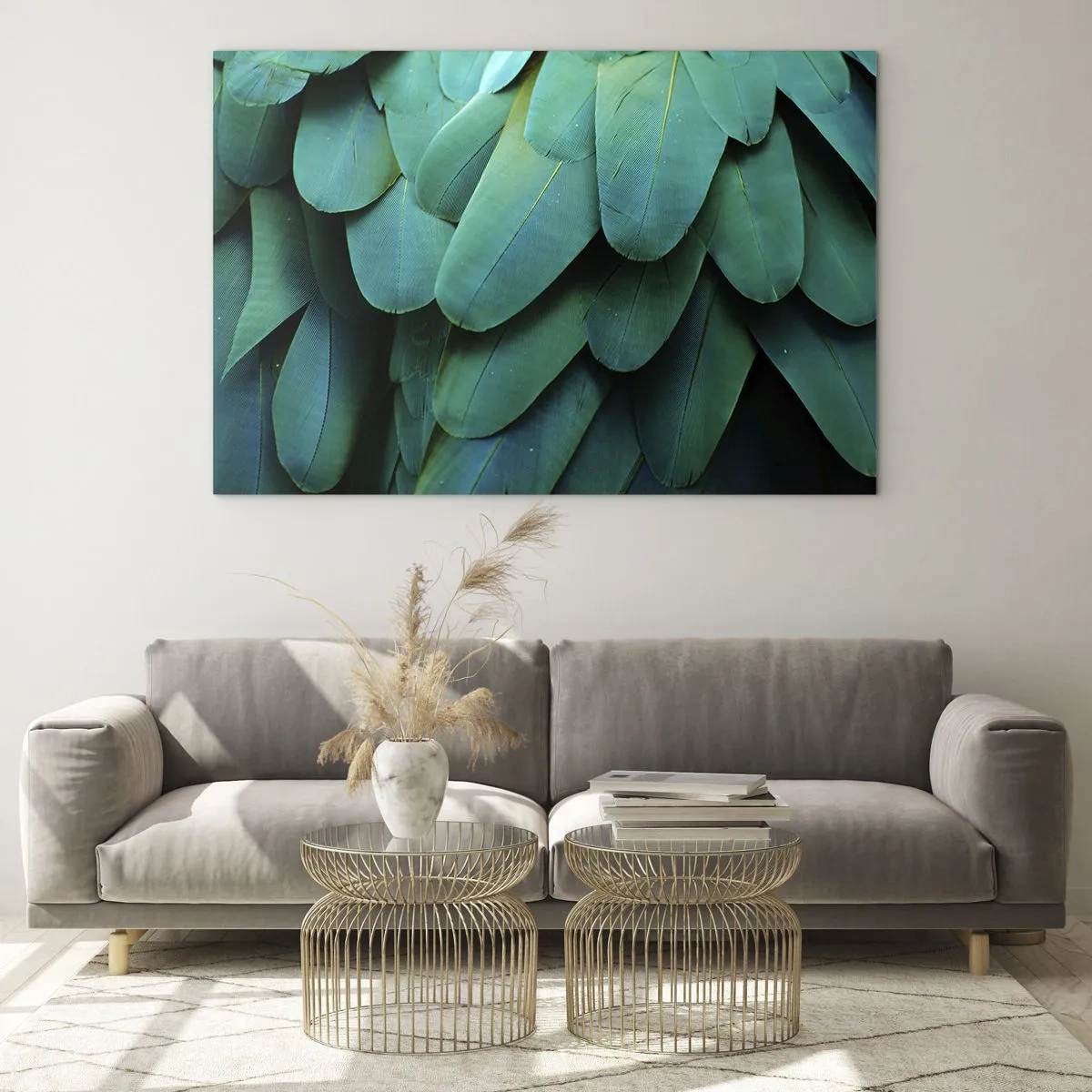 Schilderen op glas - Een close-up van de intens groene veren van een papegaai. - 70x50cm - Papegaaiachtige precisie - Moderne wanddecoratie voor woonkamer en slaapkamer ARTTOR