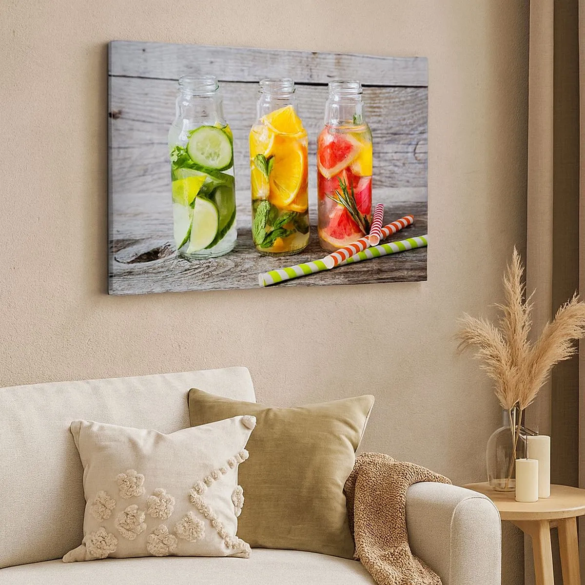 Schilderen op canvas - Flessen fruitwater en kruiden op een houten achtergrond - 70x50cm - Van nature gezond - Moderne wanddecoratie voor woonkamer en slaapkamer ARTTOR