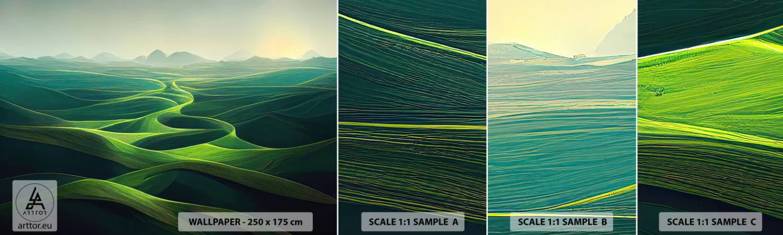 Fotobehang Monster Zelfklevend Deluxe Sticker - In de groene dalen - Landschap, Wei, Valleien - 100x30 cm