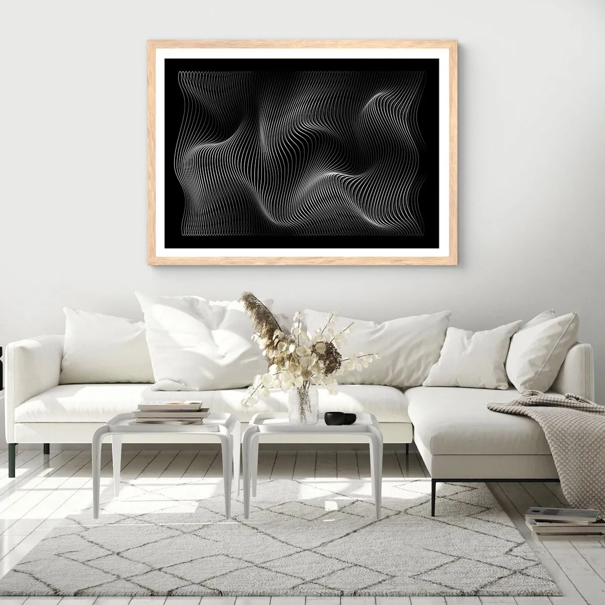 Een poster in een licht eiken lijst - Dans van licht in de ruimte - 70x50 cm