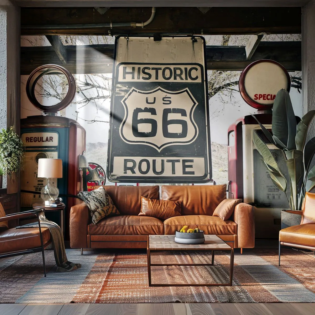 Fotobehang Premium Sand - Amerikaanse retro reis - Vintage, Route 66, Route 66 - 500x350 cm