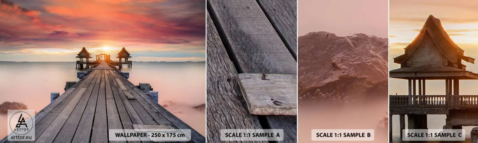 Fotobehang Monster Zelfklevend Deluxe Sticker - West in het Oosten - Landschap, Houten pier, Zee - 100x30 cm