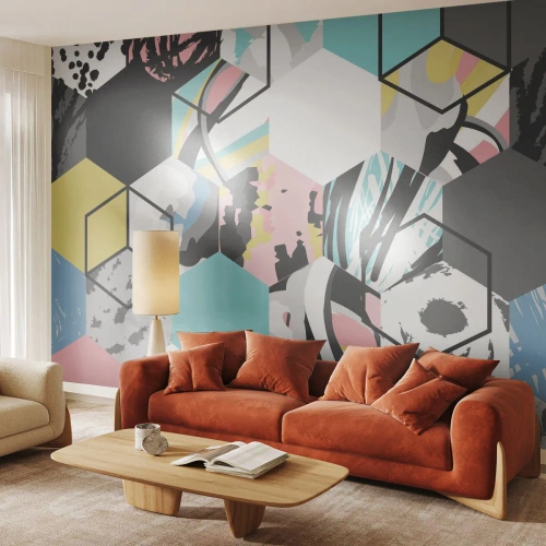 Fotobehang Premium Sand - Zeshoeken en kubussen in zes kleuren - Abstractie, Deel, Modern patroon - 350x256 cm