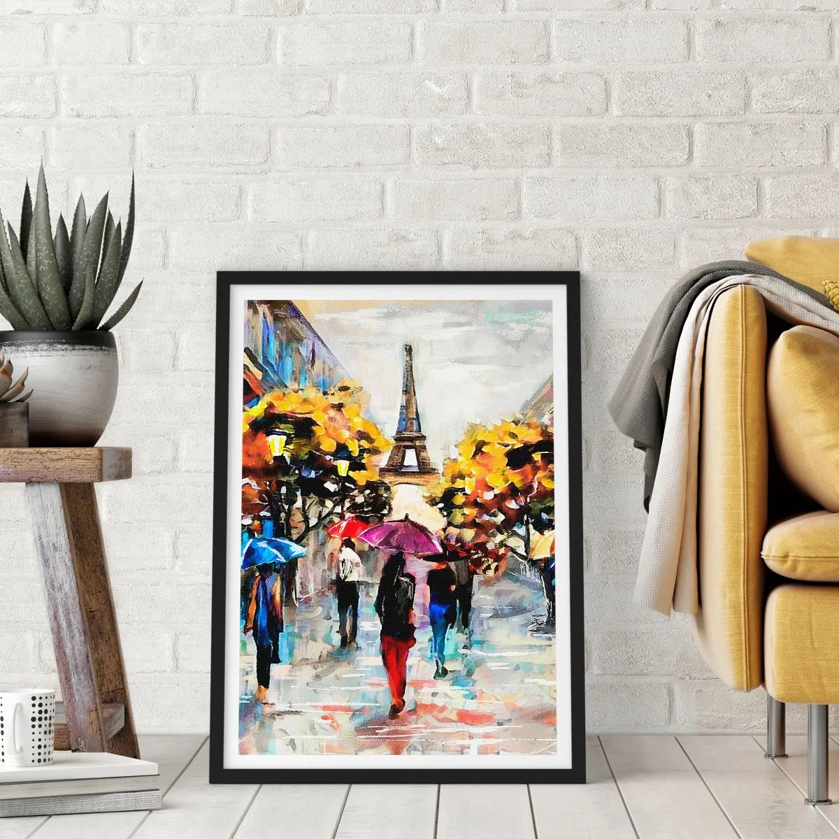 Poster in een zwarte lijst - De Eiffeltoren in een herfstlandschap met kleurrijke parasols - 50x70cm - Vooral mooi in de herfst - Moderne wanddecoratie voor woonkamer en slaapkamer ARTTOR