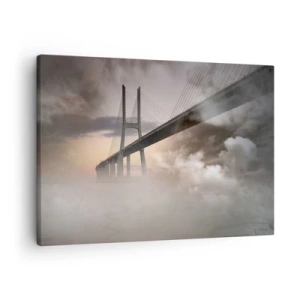 Schilderen op canvas - Een brug over een rivier omgeven door mist in de ochtend - 70x50cm - Bij de rivier die niet bestaat - Moderne wanddecoratie voor woonkamer en slaapkamer ARTTOR