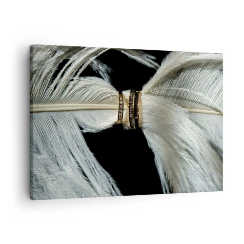 Schilderen op canvas - Een witte veer met twee gouden ringen op een zwarte achtergrond - 70x50cm - ... en ik zal je niet verlaten ... - Moderne wanddecoratie voor woonkamer en slaapkamer ARTTOR