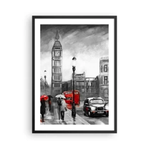 Poster in een zwarte lijst - Big Ben op een regenachtige dag met rode accenten - 50x70cm - Helemaal geen grijze stad - Moderne wanddecoratie voor woonkamer en slaapkamer ARTTOR