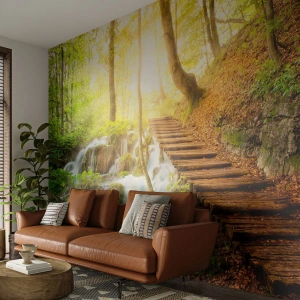 Fotobehang Premium Sand - Een felbegeerde koelte - Landschap, Waterval, Woud - 100x70 cm
