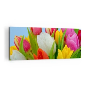 Schilderen op canvas - Een bloemenregenboog in dauwdruppels - 100x40 cm