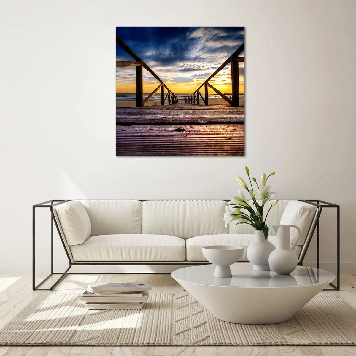 Schilderen op glas - Rechtstreeks naar het rustige strand bij zonsondergang - 50x50 cm