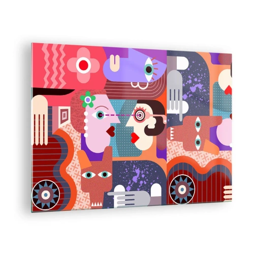 Schilderen op glas - Een abstracte compositie van gezichten en vormen in felle kleuren. - 70x50cm - Oog in oog - Moderne wanddecoratie voor woonkamer en slaapkamer ARTTOR