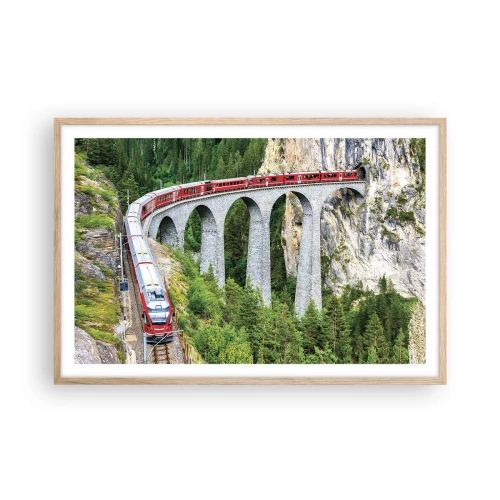 Een poster in een licht eiken lijst - Spoorlijn voor uitzicht op de bergen - 91x61 cm