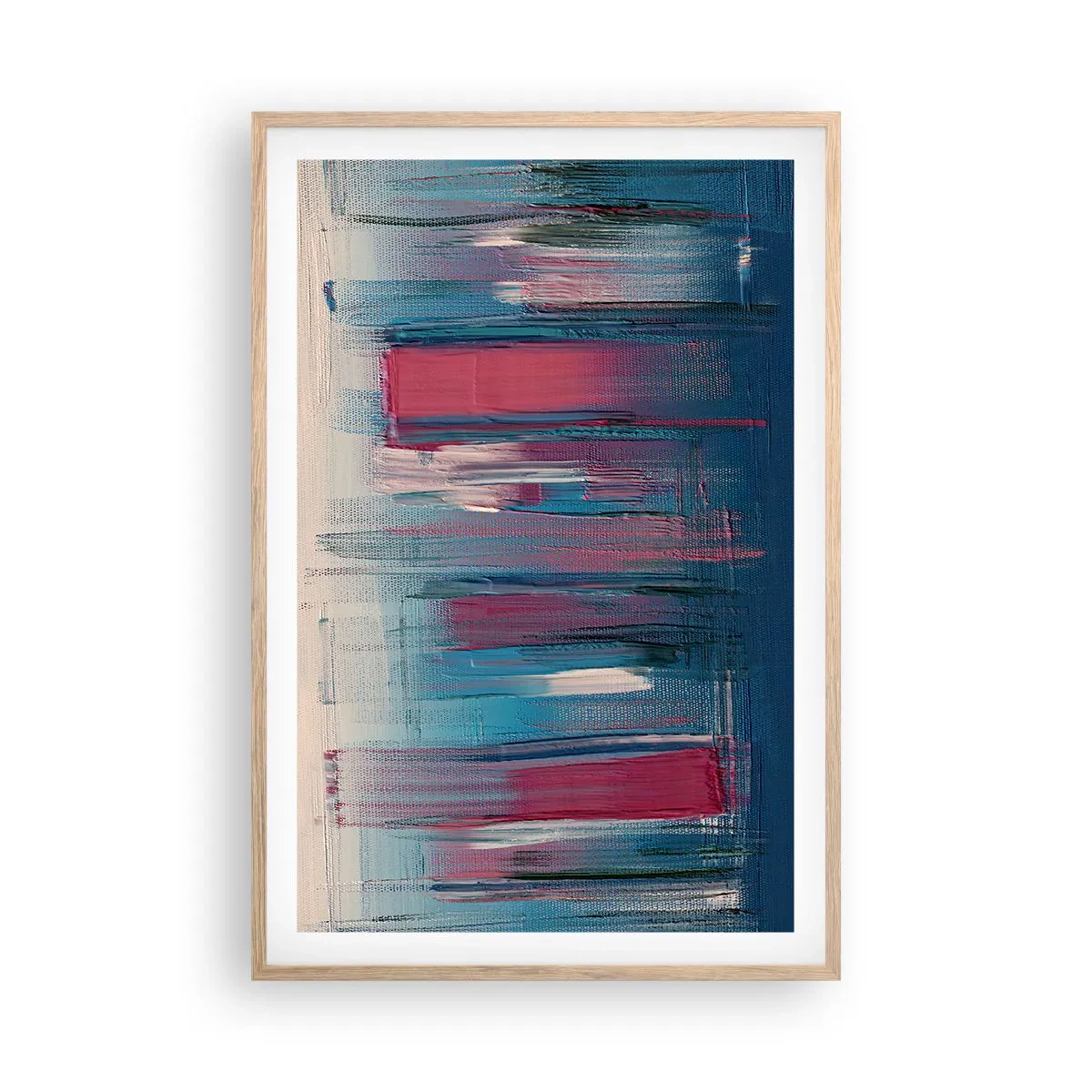 Een poster in een licht eiken lijst - Verticale compositie in blauw en rood - 61x91 cm