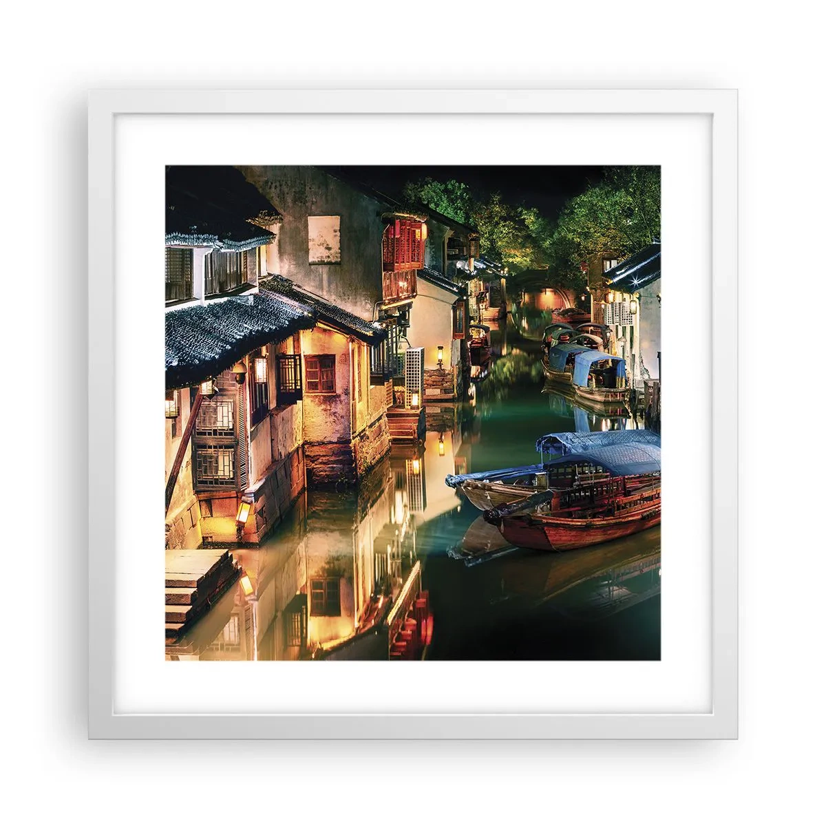 Poster in een witte lijst - Een avond op een Chinese straat - 40x40 cm