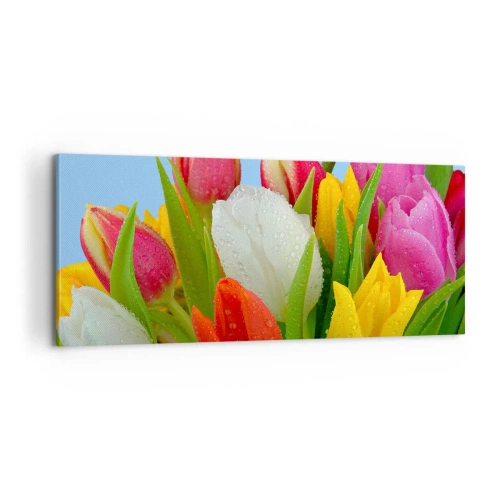 Schilderen op canvas - Een bloemenregenboog in dauwdruppels - 100x40 cm