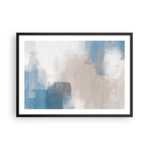 Poster in een zwarte lijst - Roze abstractie achter een blauw gordijn - 70x50 cm