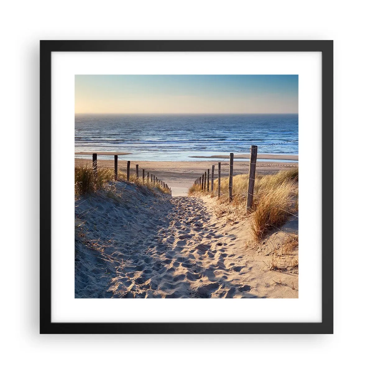 Poster in een zwarte lijst - Het geluid van de zee, het zingen van vogels, een wild strand tussen het gras... - 40x40 cm