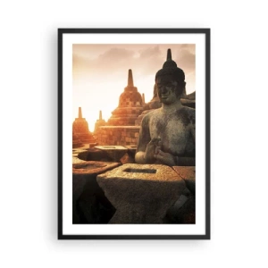 Poster in een zwarte lijst - Boeddhabeeld met tempels op de achtergrond bij zonsondergang - 50x70cm - Weer van grote wijsheid - Moderne wanddecoratie voor woonkamer en slaapkamer ARTTOR