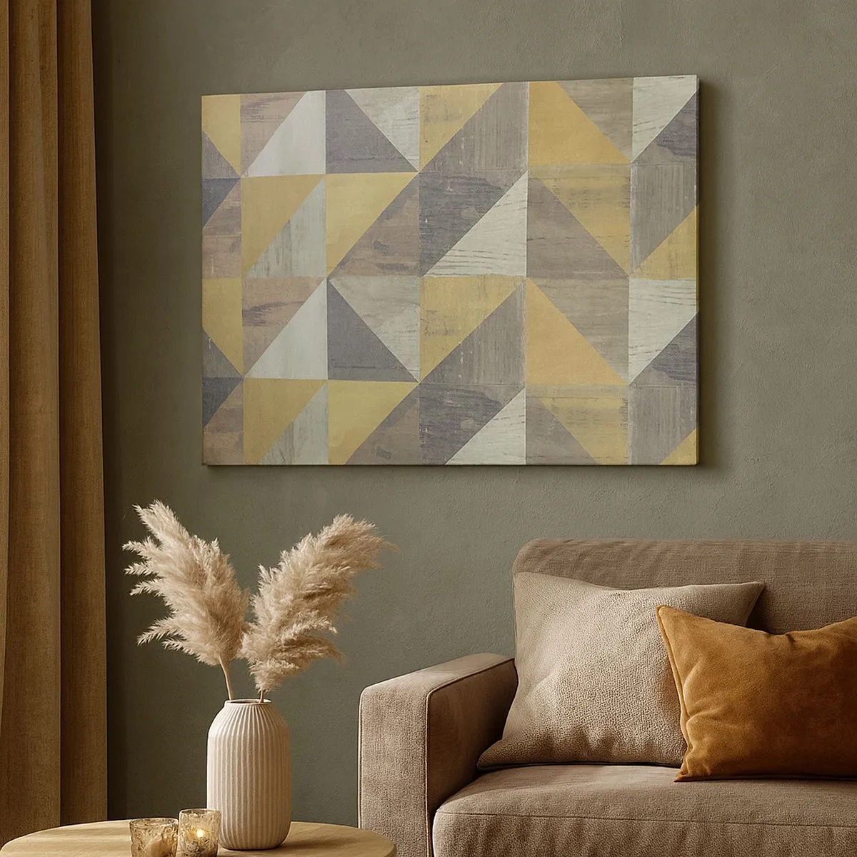 Schilderen op canvas - Geometrische compositie van driehoeken in aardse tinten - 70x50cm - Op de hoek van de driehoek - Moderne wanddecoratie voor woonkamer en slaapkamer ARTTOR